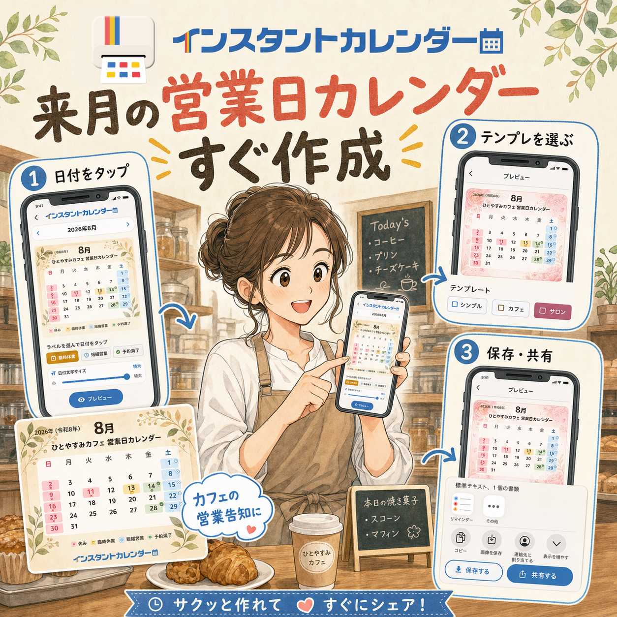 カフェや小さなお店で営業日カレンダーをSNS告知に使う利用イメージ