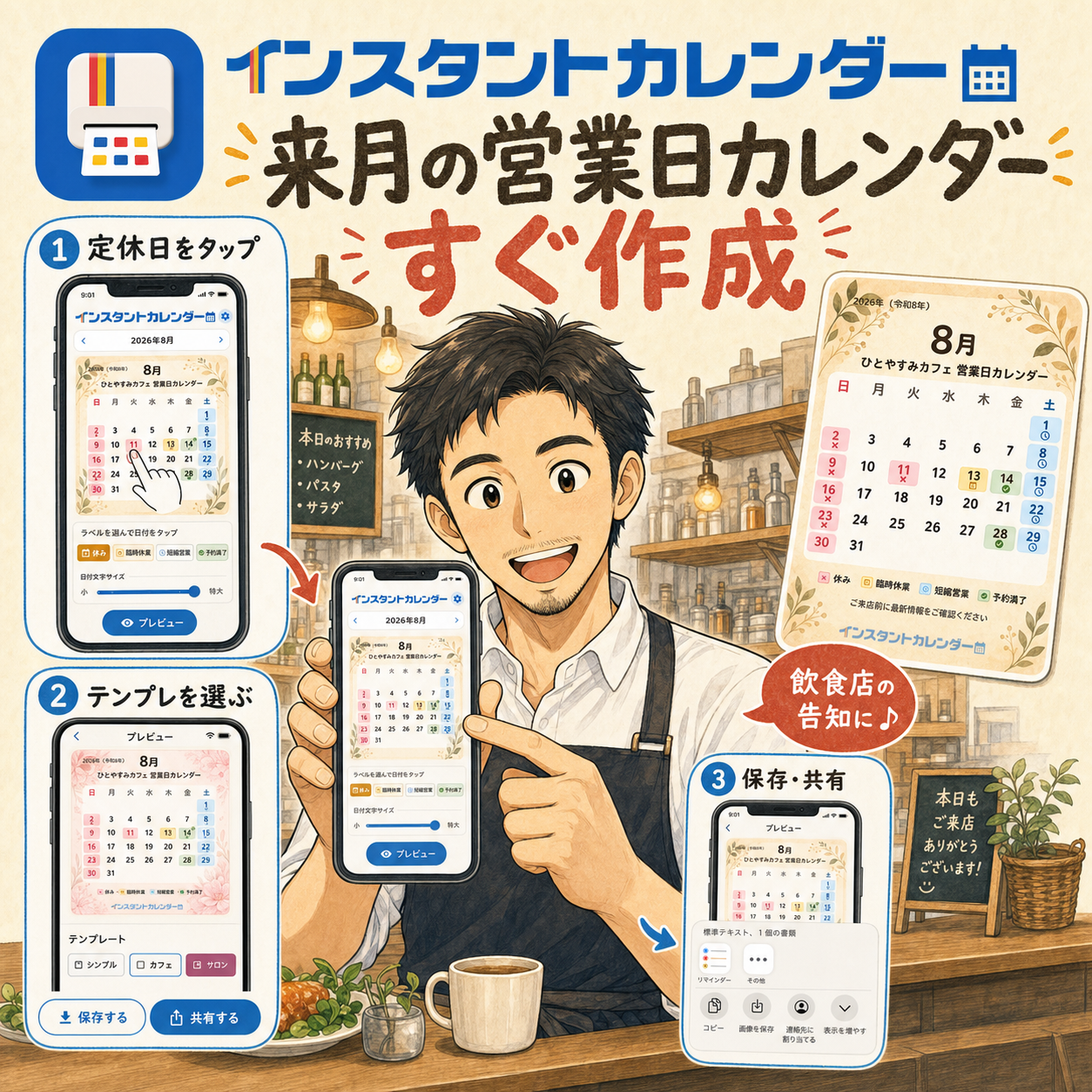 飲食店で来月の営業日カレンダーを作成して告知する利用イメージ
