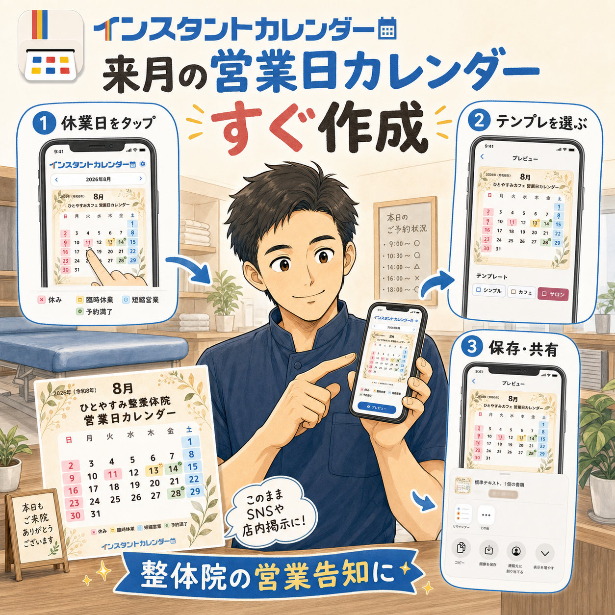 整体院やサロンで予約可能日や休みをカレンダーで知らせる利用イメージ