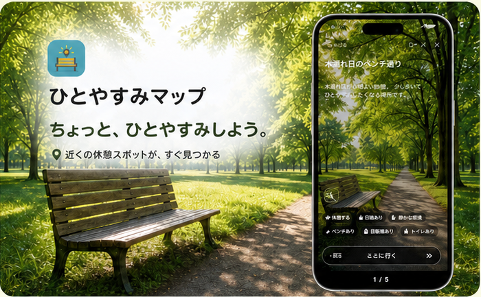 公園の休憩スポットと、ひとやすみマップのアプリ画面